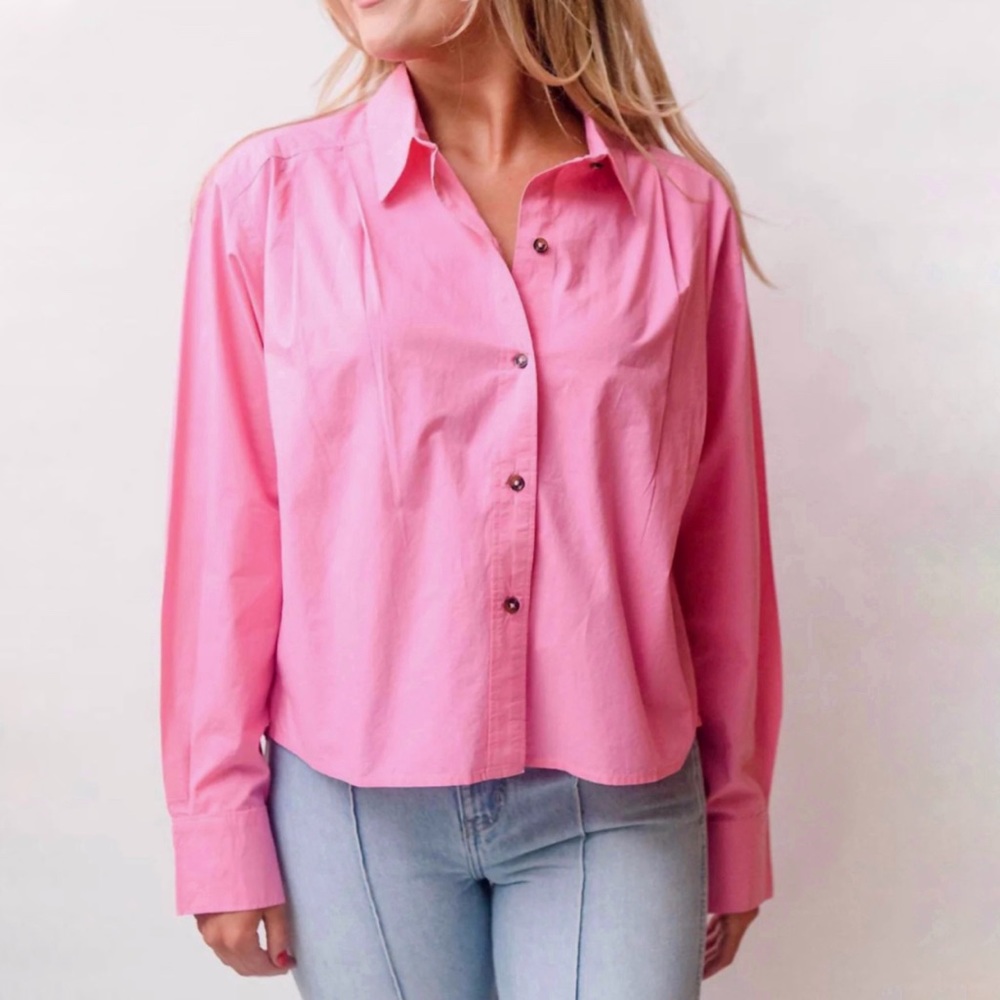 ETICA pink Oceane pleated button down collared long sleeve top shirt - Picture 2 of 9